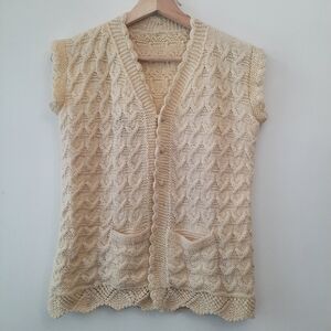 Vintage Cream Cable Knit Crochet Sweater Vest Cottagecore Boho Country